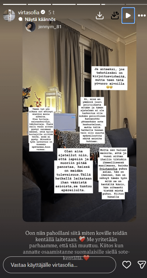Sofia Virta Instagram-tarina