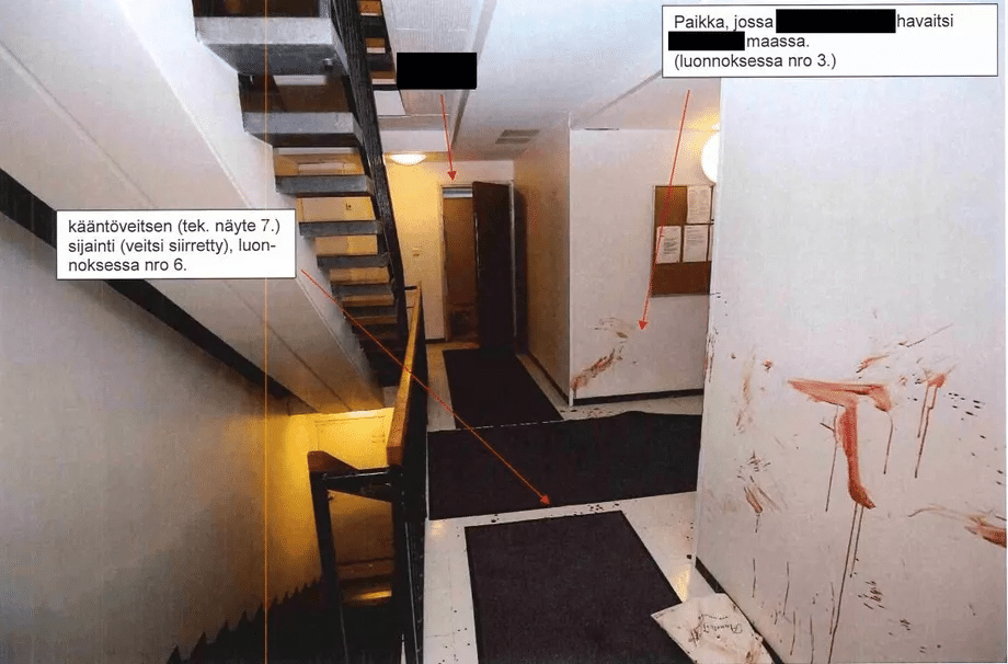 Veritahrat portaikossa ja paikassa, josta uhri löydettiin.